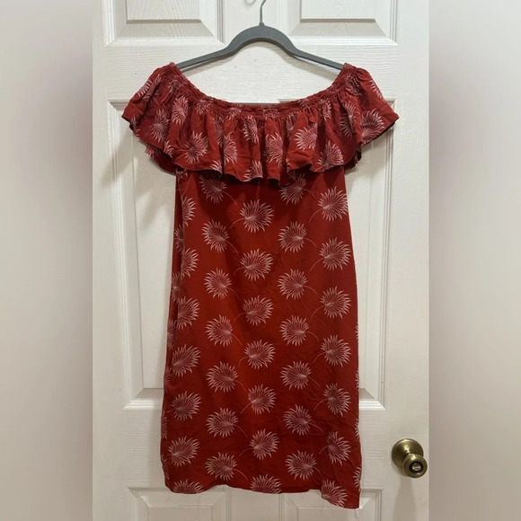 Madewell Silk Off the Shoulder Palm Red Sheath Mini Dress Boho Floral Size XS - Picture 2 of 9